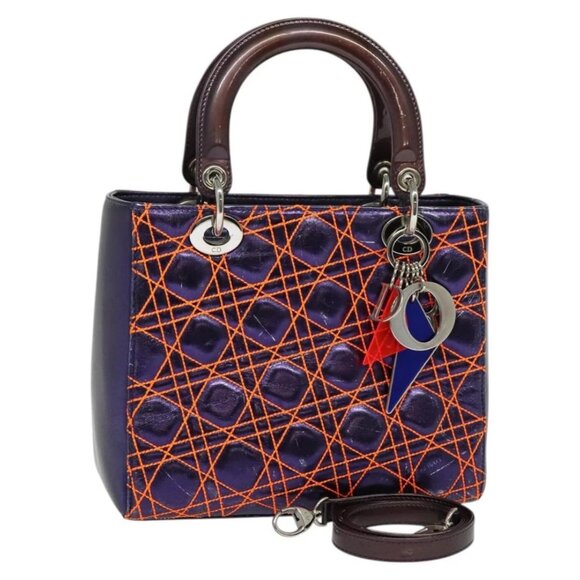 Christian Dior Lady Dior Canage Hand Bag Leather 2way Purple Silver - Picture 1 of 15